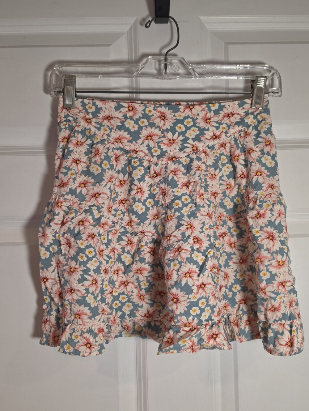 Live To Be Spoiled Floral A-Line Skirt in Blue with Pink Flowers S